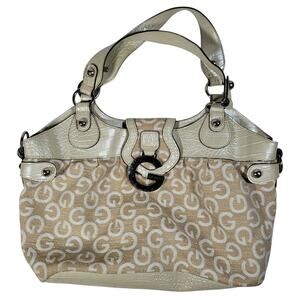 2000 Vintage 16x10 Guess Monogram Logo Shoulder Bag Canvas Studded Faux Croc Y2K